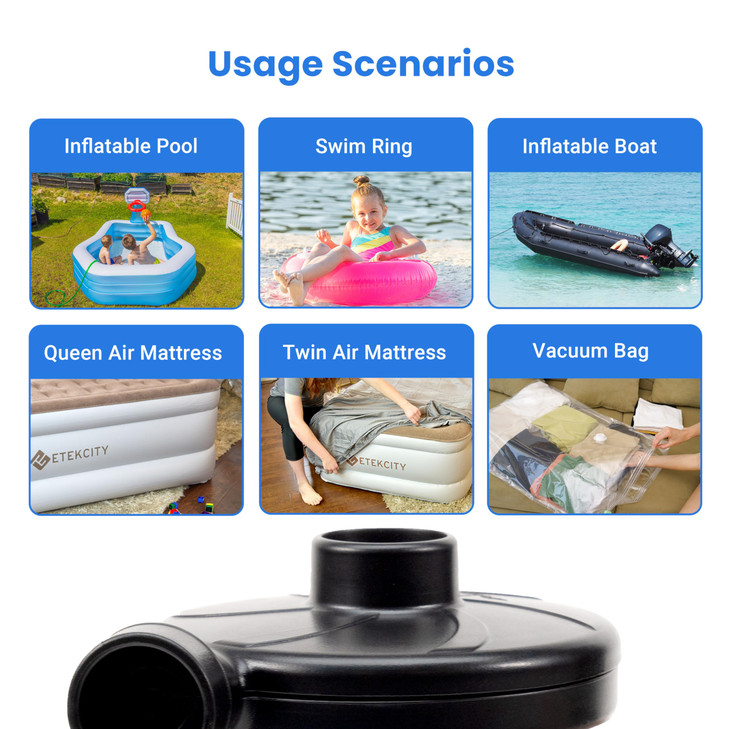 Etekcity Electric Air Pump Air Mattress Portable Pump for Inflatables Couch, Pool Floats, Blow Up Pool Raft Bed Boat Toy, Quick-Fill AC Inflator Defl