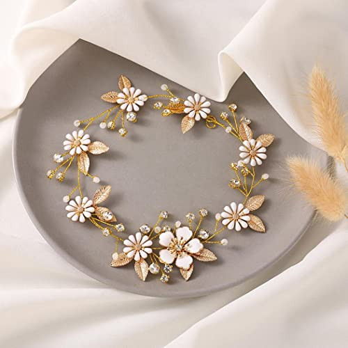 Yean Gold Flower Wedding Hair Vine Leaf Bridal Headpieces Crystal Hair Accessories Jewelry for Women and Girls