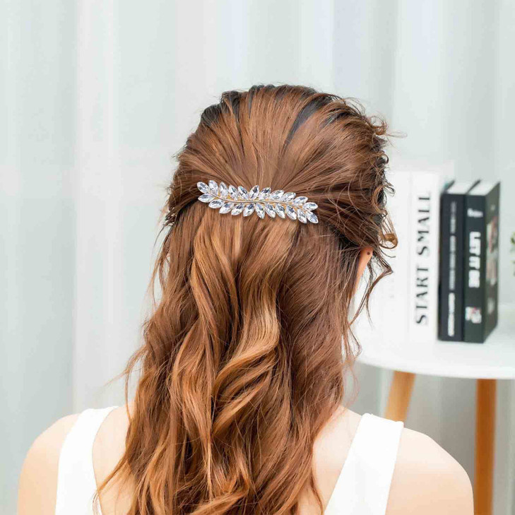 Iaceble Sparkly Crystal Hair Barrette with Gold Leaf for Bridal Headdress - Shining Wedding Hair Clip Decorative Accessories for Women and Girls