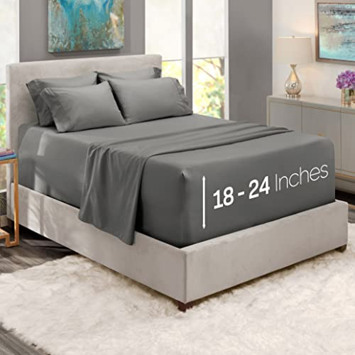 Hearth & Harbor Extra Deep Pocket King Size Sheets Sets - Fits Mattress 18-24 Inches Deep - Extra Deep Pocket Sheets - 6 Piece King Size - Grey