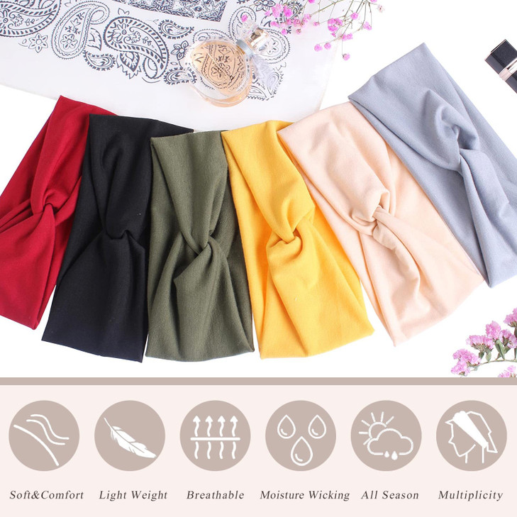 XTREND 6 Pcs Headbands for Women, Twisted Cross Elastic Head Bands Yoga Workout Headband Non-Slip Sweat Soft Headbands Solid Color Simple Versatile H