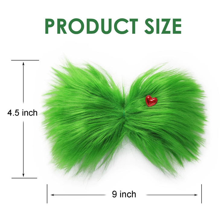 Large Green Furry Hair Bow with Red Heart Women Costume Accessories Christmas Hair Clip Tree Decorations