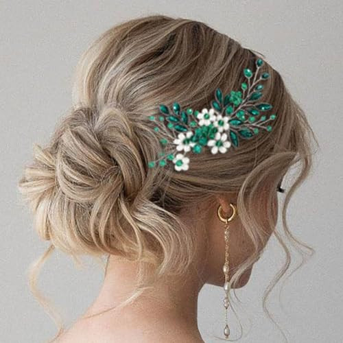 JONKY Rhinestone Bride Wedding Hair Comb Green Crystal Headpiece Bridal Hair Accessories for women (Green)