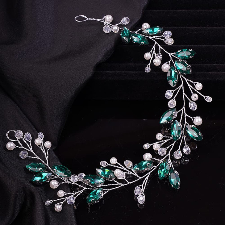 Teyglen Green Rhinestones Pearls Crystals Long Headband Handmade Bridal Silver Crystal Headband Wedding Hair Accessories for Brides Hair Pieces Headp