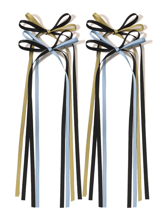 LFOUVRE Hair Bow Clips, 4pcs - Hair Bows for Women with Long Tassel, Ribbon Bow Clips for Girls, Blue Hair Accessories - Clip