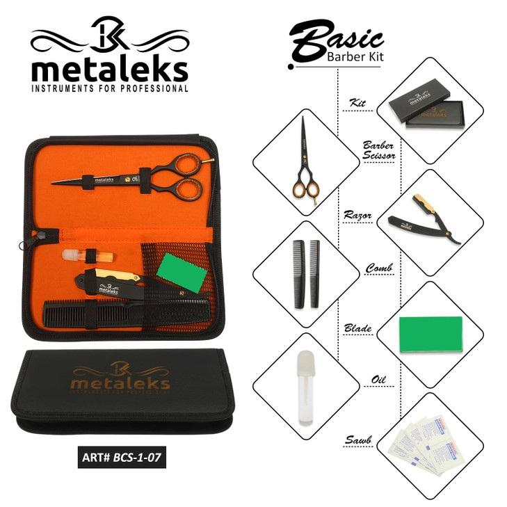 Metaleks Hair Cutting Scissors - Personal Barber Hair Scissors Set - Stainless Steel - Includes Cutting Shear, Razor, 5 Blades, 2 Combs, Oil Bottle,
