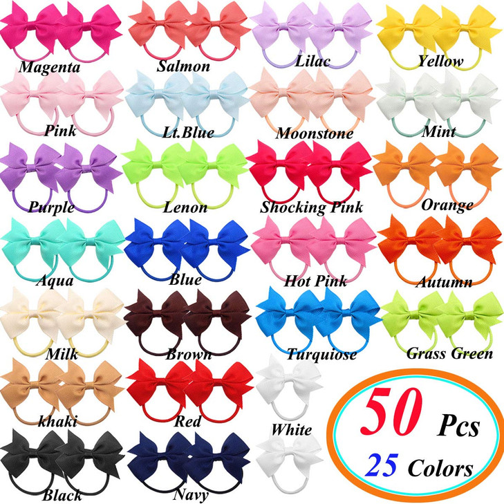 CÉLLOT Baby Hair Ties with Bows,50pcs 2inch Baby Hair Bows Durable Rubber Bands Ponytail Holders Toddler Essential Hair Accessories for Infants Baby