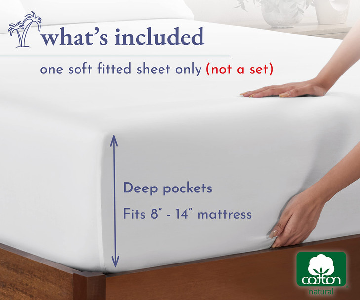 California Design Den 100% Cotton Fitted Sheet Queen Size, Deep Pocket, Durable Sateen, All-Around Elastic, Head/Foot Side Indicators, White Fitted S