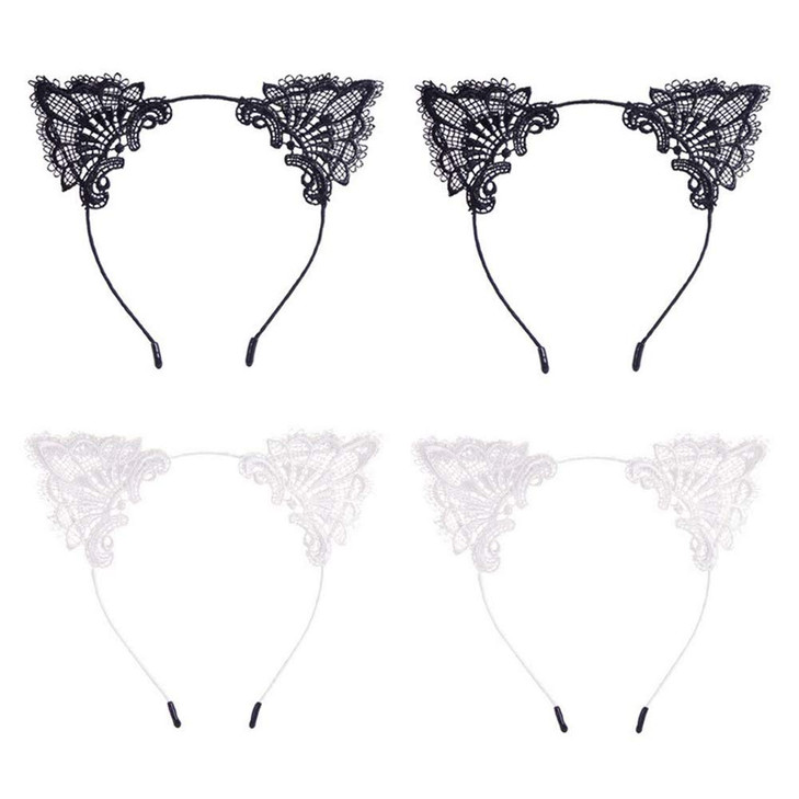 YAXAMING 4 Pcs Halloween Cat Ears Headband Lace Cat Hair Hoops Bands Animal Headpiece Hairband Women Xmas Festival Parade Wedding Masquerade Cosplay