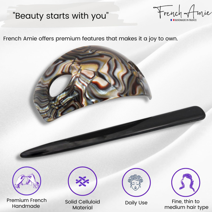 French Amie Oval Arch Handmade Ponytail Holder Hair Updo Bun Holder Cover Cap Hair Slide Pin Stick (Onyx Silver Grey)