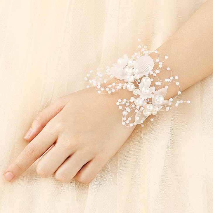 Campsis Wedding Flower Crystal Bracelet Pearl Bridal Wrist Corsage Bride Bridesmaid Communion Wrist Flower for Women (Silver Wristlet)