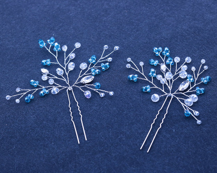 FXmimior Hair Pins Bridal Women Light Blue Crystal Vintage Wedding Party Headpiece Hair Clip Crystal Hair Accessories(pack of 2)