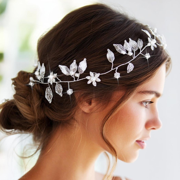 Yean Bride Wedding Hair Vine Headband Gold Leaf Bridal Accessories for Women (Silver)