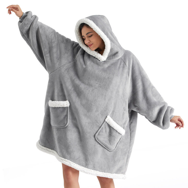 Bedsure Blanket Hoodie, Wearable Blanket Hoodie as Gifts for Mom, Birthday Gifts for Women Kids Teens Sherpa Sweatshirt, Grey, Standard