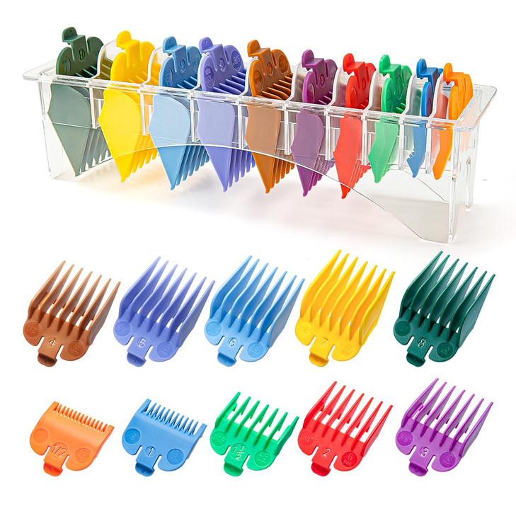 10 Professional Hair Clipper Guards Cutting Guides Compatible with Most Wahl Clippers with Organizer, Color Coded Clipper Combs Replacement - 1/16" t