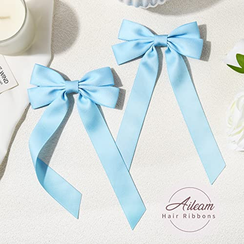 Aileam 2PCS Silky Satin Hair Bows (Blue) for Hair Securing, Hairdressing, Ponytail Holders, Women, Girls, Toddlers, Teens, Kids, Hair Accessories