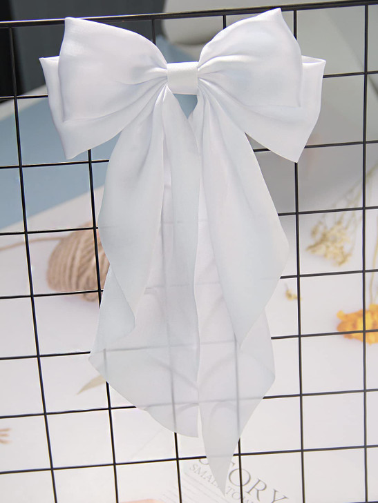 Furling Pompoms Hair Bow Clips Black White Big Satin Barrette Alligator Clips Long Tail Hair Accessories for Women Girls Teens,Pack of 2