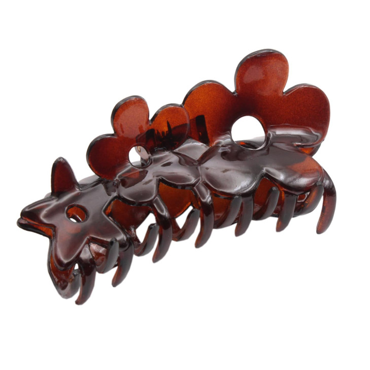 Parcelona French Flowers Medium Covered Spring Brown Tortoise Shell Celluloid Jaw Hair Claw Clips for Women, Made in France