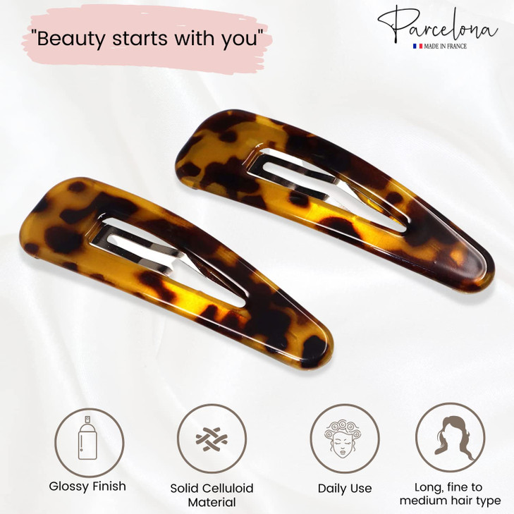 Parcelona French Clic Clac Savana Extra Large 3 ¼ Celluloid Acetate Set of 2 Snap Hair Clip Pins for Women and Girls