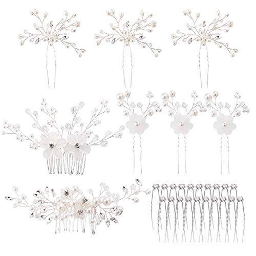 inSowni 28 Pack Silver Flower Pearl Wedding Bridal Hair Side Combs+U Shaped Hair Pins Clips Rhinestone Crystal Decorative Accessories Headpieces for