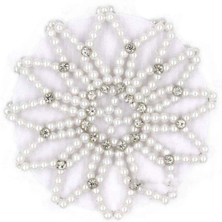 Teensery Crochet Pearl Rhinestone Hair Snood - Elastic Hair Net for Women and Girls, Ballet Dance, Skating (White, 1 Count)