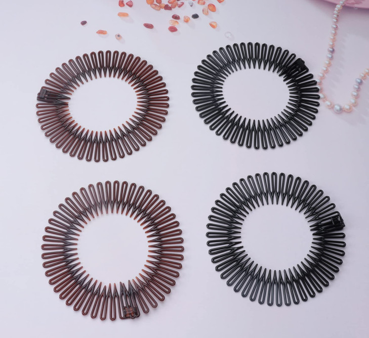 Sowaka 4 Pcs Circular Stretch Hair Wrap Holder Combs, Plastic in Black and Brown for Women Girls Outgoing Sports Hair Accessories