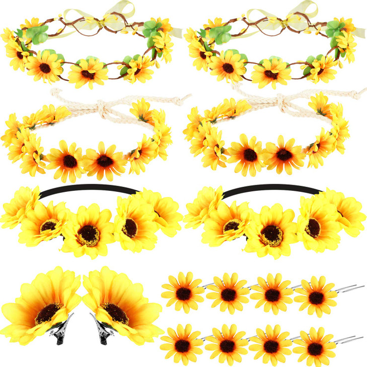 Fiada 16 Pieces Sunflower Hair Accessories Include Sunflower Theme 10 Headbands 2 Hair Clips 8 Hairpins yellow Floral Hippies Daisy Crown Photo Props