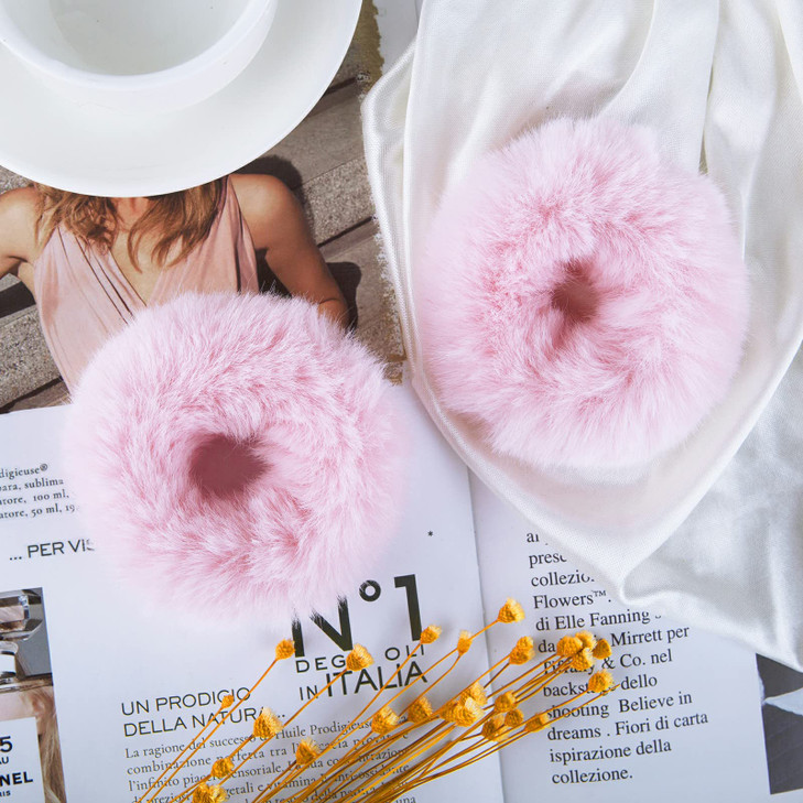 Mljsh 2 PCS Pink Pom Pom Hair Tie Fuzzy Furry Faux Rabbit Fur Scrunchies for Girls Women Hair Accessories