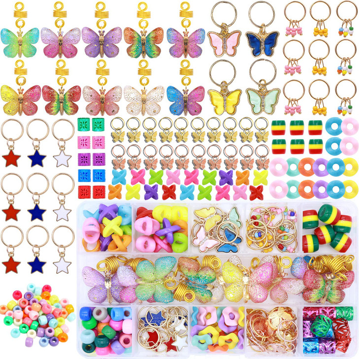 NAISKA 138Pcs Gold Butterfly Braid Hair Dreadlocks Accessories with Colorful Beads, Charms, and Pendants for Women's Hair Braids, Coils, and Loc Jewe