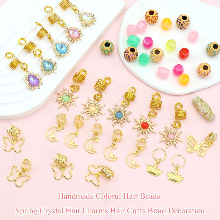 NAISKA 148Pcs Gold Crystal Hair Jewelry for Braids Colorful Rhinestone Loc Dreadlocks Braid Accessories Butterfly Star Pendant Hair Beads Hair Rings
