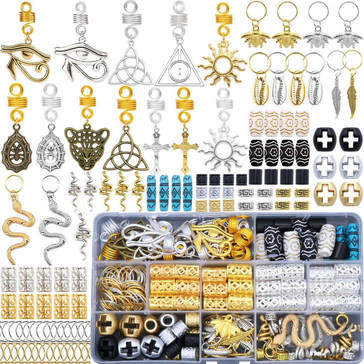 NAISKA 168Pcs Hair Jewelry for Braids Gold Silver Snake Cross Loc Dreadlock Accessories Metal Alloy Hair Coils Rings Dreadlocks Hair Cuffs Braid Deco
