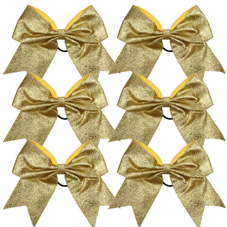 Cheerleader Bows Cheerleading 8 inch Sparkle Glitter Ponytail Holder Hair Tie School for High School College Girl Team Sports 6 Pcs  (Gold)