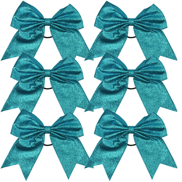 Cheerleader Bows Cheerleading 8 inch Sparkle Glitter Ponytail Holder Hair Tie School for High School College Girl Team Sports 6 Pcs  (Teal)