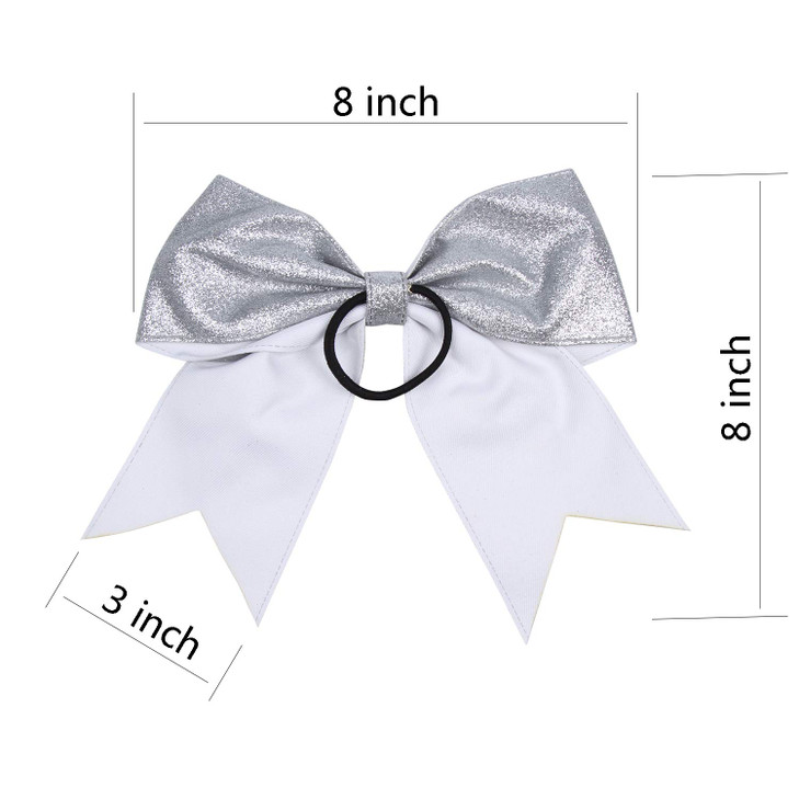 Cheerleader Bows Cheerleading 8 inch Sparkle Glitter Ponytail Holder Hair Tie School for High School College Girl Team Sports 6 Pcs  (Silver)