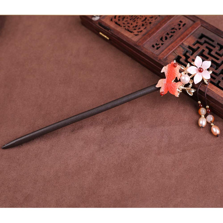 TOP SEWING Wooden Hair Pins 7.08" Chinese Goldfish Flower Hair Sticks For Long Hair Buns for Women