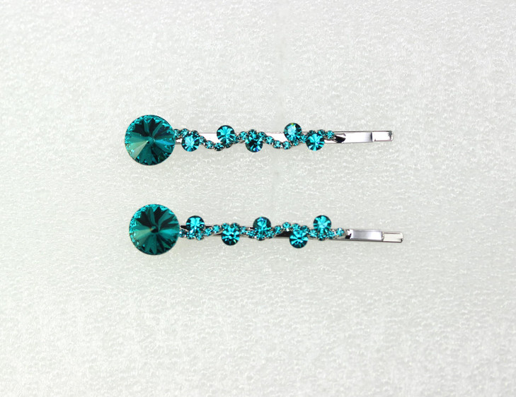 Faship A Pair Of Teal Premium Rhinestone Crystal Rhinestone Floral Hair Clips 2 Pcs Pins