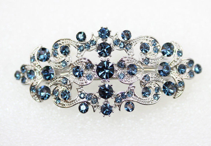 Faship Gorgeous Navy Blue Rhinestone Crystal Floral Hair Barrette Clip