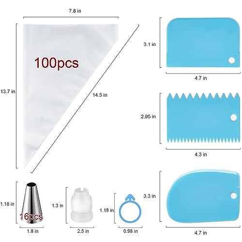 Piping Bags and Tips Set, Cakes Decorating Supplies Kit with 100pcs 12 Inch Pastry Bags, 16 Piping Tips, 3 Cake Scraper, 2 Couplers, 2 Bag Ties, Simp