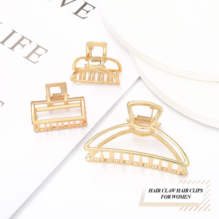 Brinie Metal Claw Hair Clips Set - Gold Medium Catch Nonslip Barrette Hair Accessories for Women and Girls (Pack of 3)