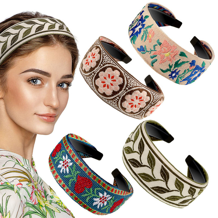 EBOOT 4 Pieces Boho Headband for Women Embroidery Wide Hair Band Bohemia Floral Knotted Wide Headbands Vintage Ethnic Style Girls Accessories(Delicat