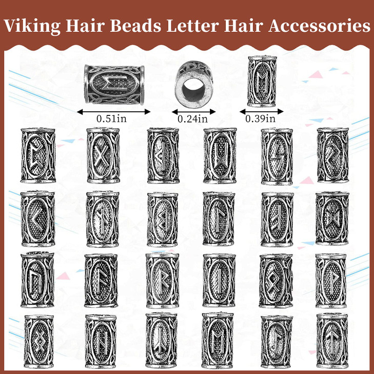 Geosar 24 Pcs Norse Vikings Runes Hair Beard Beads for Bracelets Necklace Accessories DIY Includes 7 Pcs Pull Hair Pin Quick Beader Tool and Black Ru