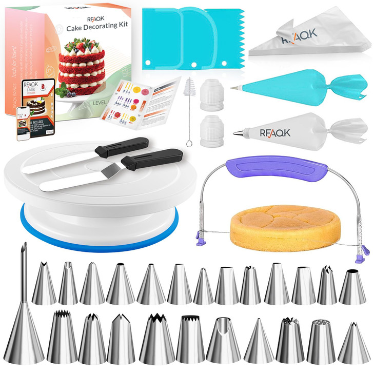 RFAQK 90PCs Cake Decorating Kit with Leveler, Baking Supplies Gift Includes Cake Stand Turntable, 24 Numbered Icing Tips, 55+1 Piping Bags, 2 Frostin