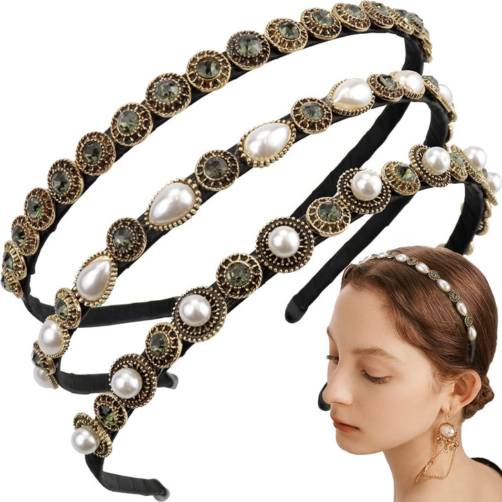 NAIHOD 3 Pcs Pearls Rhinestones Thin Headbands for Women Girls Luxury Vintage Hair Bands for Women's Hair with Cloth Wrapped Metal Hair Hoop Baroque