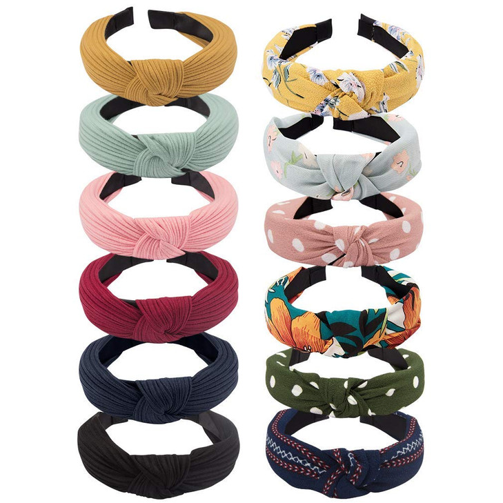 VELSCRUN Womens Headbands Boho Headbands for Women 12 Pack Knot Headband Women Knotted Head Band Elastic Turban HeadBands Boho Bandeau Wide Hair Band