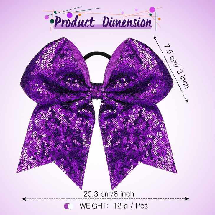 2 Packs Jumbo Cheerleading Bow 8 Inch Large Cheer Hair Bows with Ponytail Holder for Teen Girls Softball Outfit Uniform(Sequin Purple)