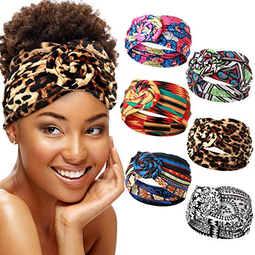 WILLBOND 6 Pcs African Headbands for Women Knotted Wide Non Slip Yoga Stretchy Turban Hair Scarfs Boho Print Headwrap Hair Accessories for Women Yoga