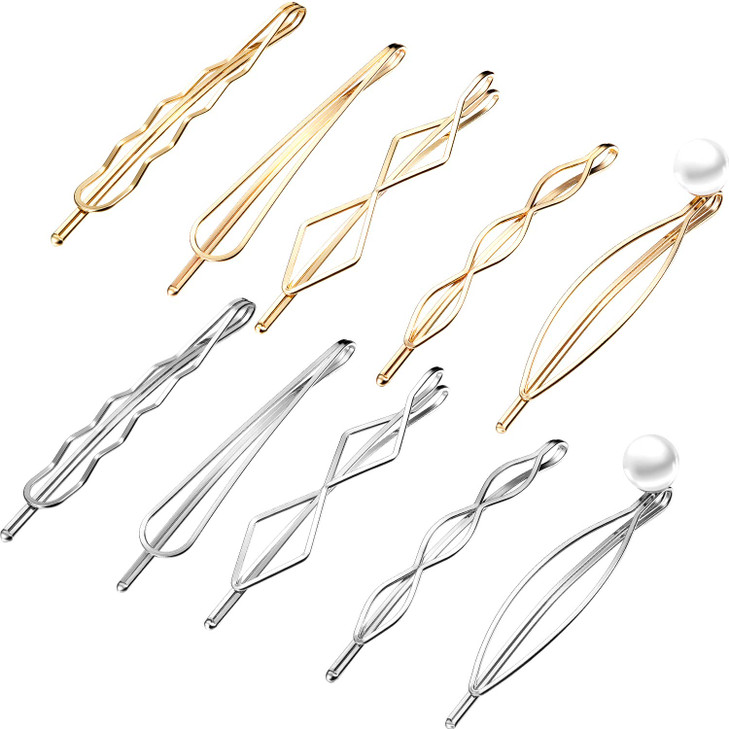 10 Pieces Geometric Metal Hair Clips and Barrettes for Women - Hair Styling Pins, Minimalist Wedding Accessories and Headwear (Gold, Silver)