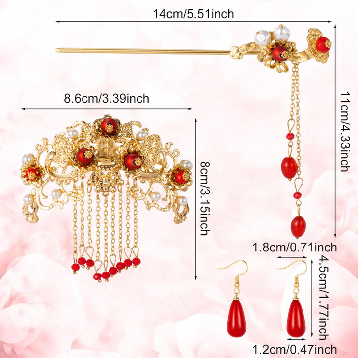 Chinese Hair Accessories for Wedding, Red Tassel Hair Pin Alloy Pearl Hair Jewelry Set, Red Dangle Drop Earrings, Vintage Hair Sticks, Hair Styling P