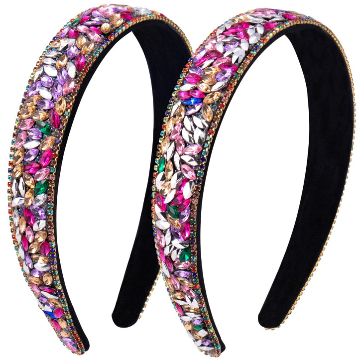 Isslly 2PCS Colorful Rhinestone Headband for Women, 1inch Wide Vintage Girls' Headbands, Fashion Crystal Headband, Jeweled Headbands, Diamond Padded