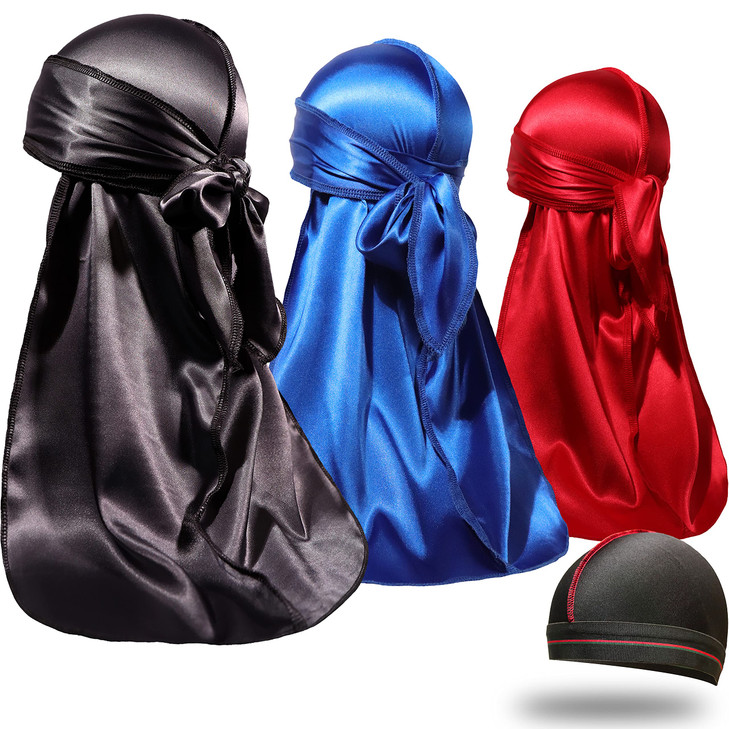 ForceWave 3 Pieces Silky Durags and 1 Wave Cap Pack for Men Waves, Moisture-Tech Fabric Satin Du-Rag